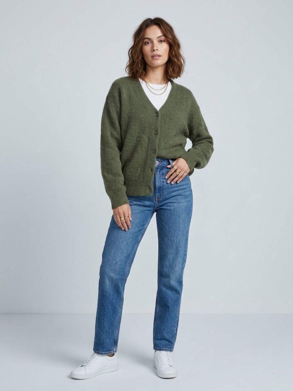 Iets Frans Olive Green Fuzzy Knit Cardigan Sweater Large Urban Outfitters V-Neck